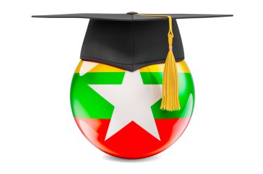 Myanmar konsepti eğitimi. Mezuniyet şapkalı Myanmar bayrağı, beyaz arkaplanda 3 boyutlu görüntüleme