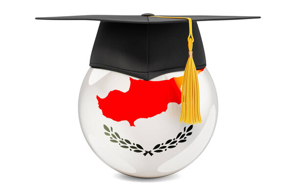 Образование на Кипре. Кипрский флаг с выпускной шапкой, 3D рендеринг изолирован на белом фоне