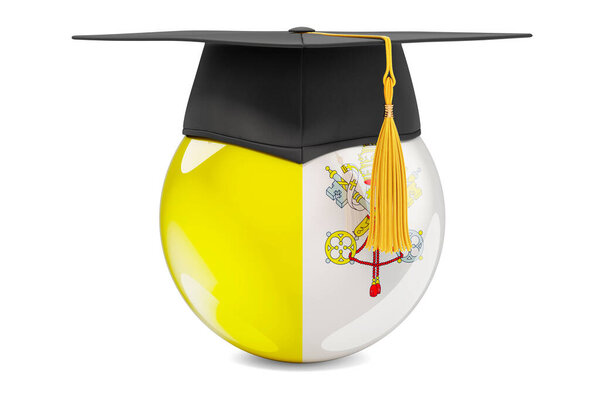 Образование в Ватикане. Флаг Ватикана с выпускной крышкой, 3D рендеринг изолирован на белом фоне