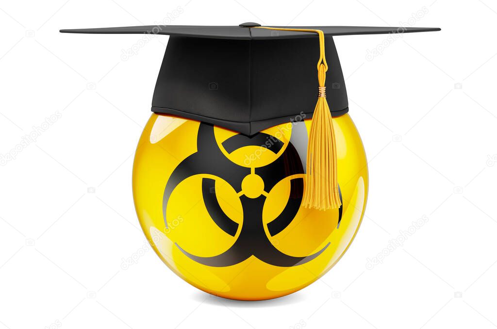 Biohazard symbol flag with graduation cap, 3D rendering isolated on white background