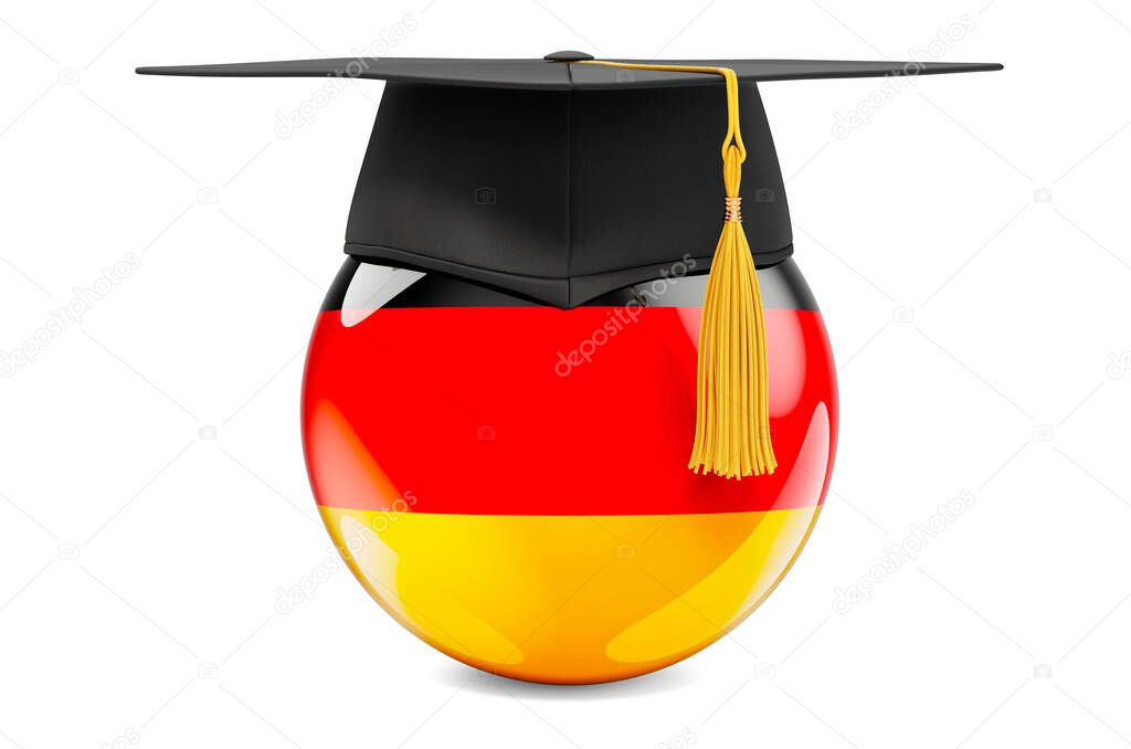 Education in Germany concept. Deutsch flag with graduation cap, 3D rendering isolated on white background