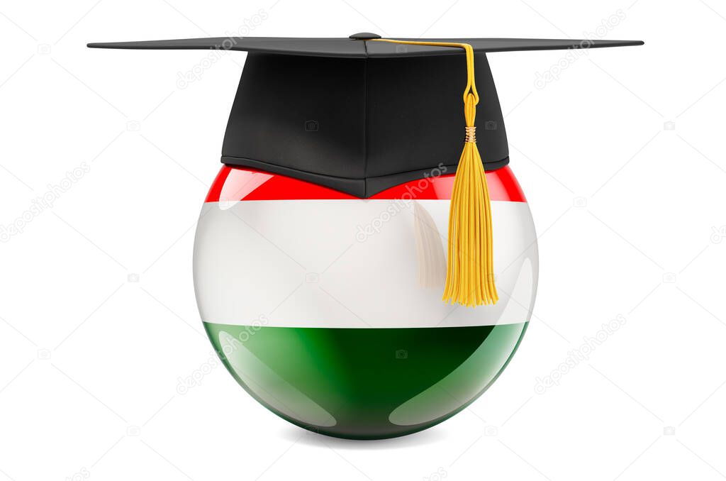 Education in Hungary concept. Hungarian flag with graduation cap, 3D rendering isolated on white background