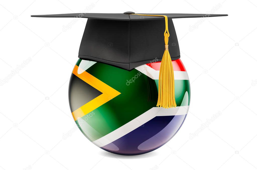 Education in South Africa concept. South African flag with graduation cap, 3D rendering isolated on white background