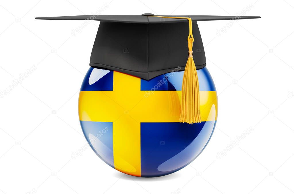Education in Sweden concept. Swedish flag with graduation cap, 3D rendering isolated on white background