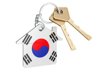 Güney Kore 'de gayrimenkul. Güney Kore bayrağıyla ana anahtarlık. Emlak, kira ya da ipotek konsepti. Beyaz arkaplanda 3B görüntüleme izole edildi