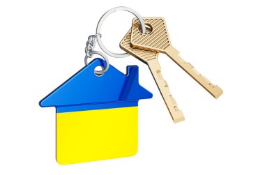 Ukrayna 'da gayrimenkul. Ukrayna bayrağıyla ana anahtarlık. Emlak, kira ya da ipotek konsepti. Beyaz arkaplanda 3B görüntüleme izole edildi