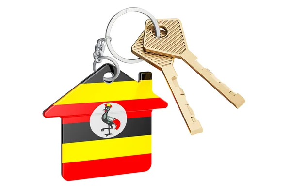 Imobiliário Uganda Chaveiro Casa Com Bandeira Ugandense Conceito Propriedade Aluguel — Fotografia de Stock