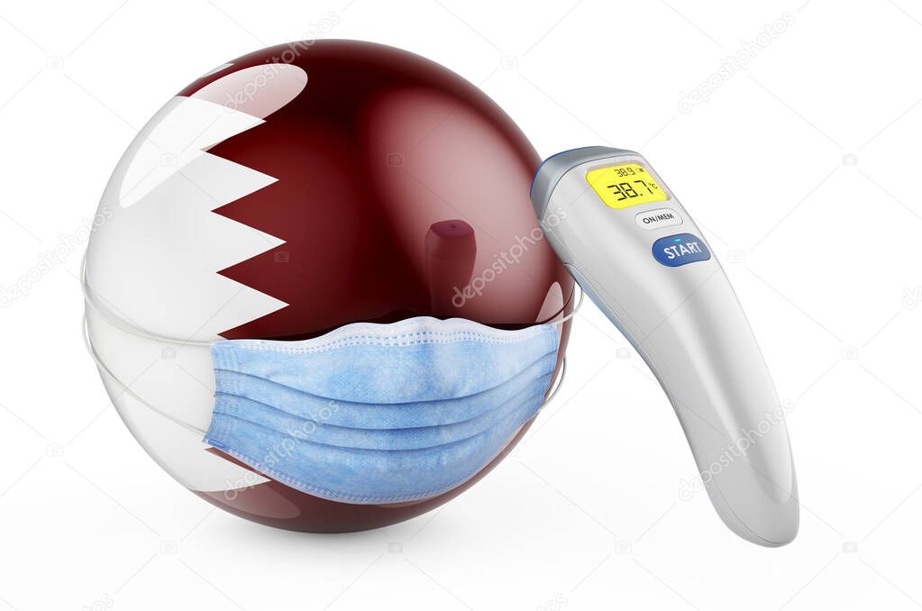 Bandera de Qatar con máscara médica y termómetro electrónico infrarrojo. Pandemia en el concepto