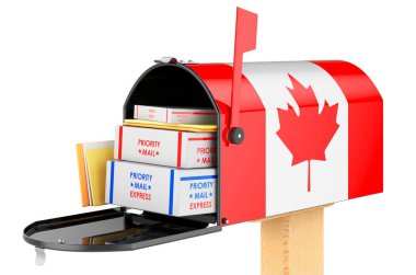 İçinde paketler ve zarflar olan Kanada bayrağı olan posta kutusu. Kanada 'da nakliye, konsept. Beyaz arkaplanda 3B görüntüleme izole edildi 