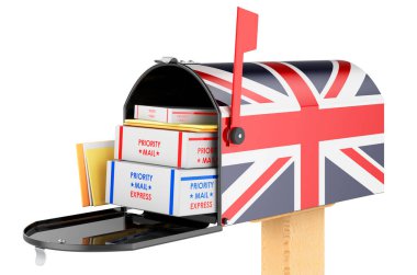İçinde paketler ve zarflar olan İngiliz bayrağı olan posta kutusu. Büyük Britanya 'da nakliye, konsept. Beyaz arkaplanda 3B görüntüleme izole edildi  