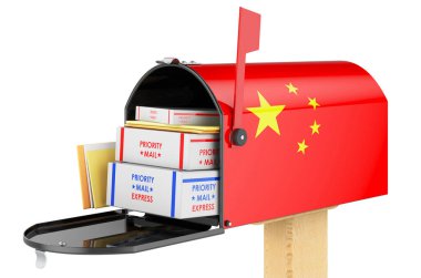 İçinde paketler, zarflar olan Çin bayrağı olan posta kutusu. Çin 'de nakliye, konsept. Beyaz arkaplanda 3B görüntüleme izole edildi  