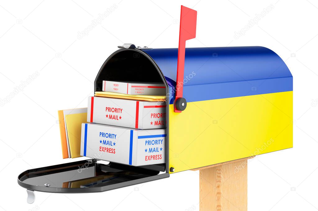 Mailbox with Ukrainian flag with parcels, envelopes inside. Shipping in Ukraine, concept. 3D rendering isolated on white background  