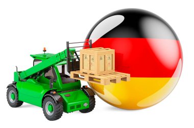 Teleskopik denetim kamyonu ve parselli Alman bayrağı. Kargo sevkiyatı Almanya konseptinde, 3 boyutlu görüntüleme beyaz arka planda izole edildi