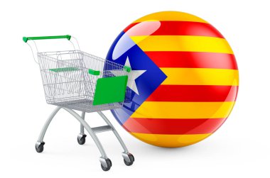 Katalan bayrağıyla alışveriş arabası. Katalonya konsepti alışverişi. Beyaz arkaplanda 3B görüntüleme izole edildi