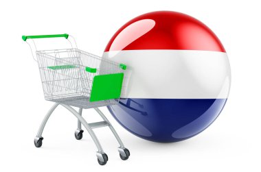 Hollanda bayrağıyla alışveriş arabası. Hollanda 'da alışveriş konsepti. Beyaz arkaplanda 3B görüntüleme izole edildi
