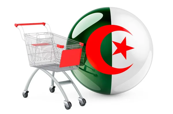 Kundvagn Med Algerisk Flagga Shopping Algeriet Koncept Rendering Isolerad Vit — Stockfoto