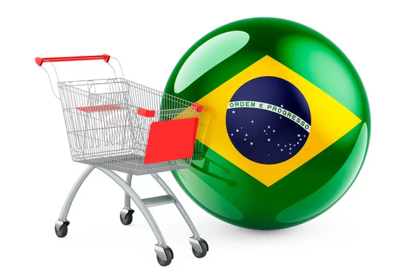 Kundvagn Med Brasiliansk Flagga Shopping Brasilien Koncept Rendering Isolerad Vit — Stockfoto