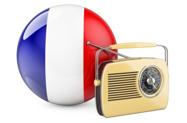 Fransa konseptinde radyo yayını. Fransız bayrağıyla telsiz alıcısı. Beyaz arkaplanda 3B görüntüleme izole edildi