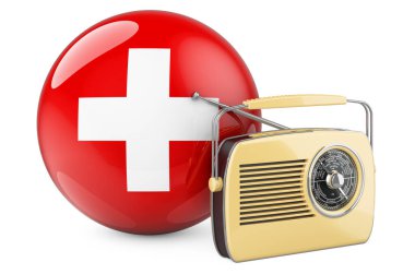 İsviçre konseptinde radyo yayını. İsviçre bayrağıyla telsiz alıcısı. Beyaz arkaplanda 3B görüntüleme izole edildi