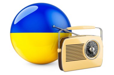 Ukrayna konseptinde radyo yayını. Ukrayna bayrağıyla telsiz alıcısı. Beyaz arkaplanda 3B görüntüleme izole edildi