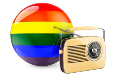 LGBT gökkuşağı bayrağına sahip radyo alıcısı, beyaz arkaplanda 3 boyutlu görüntüleme