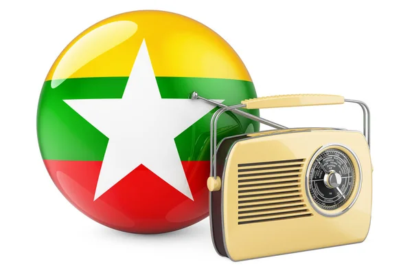 ミャンマーのコンセプトでラジオ放送 ミャンマーフラグ付きのラジオ受信機 白い背景に隔離された3Dレンダリング — ストック写真