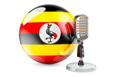 Uganda müziği konsepti. Ugandalı Retro mikrofon. Beyaz arkaplanda 3B görüntüleme izole edildi