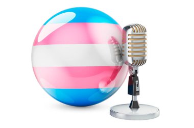 Transeksüel bayraklı radyo mikrofonu, beyaz arkaplanda 3 boyutlu görüntüleme