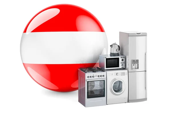 オーストリアの旗とキッチンや家電製品 オーストリアのコンセプトで家電製品の生産 買い物や配達 白い背景に隔離された3Dレンダリング — ストック写真