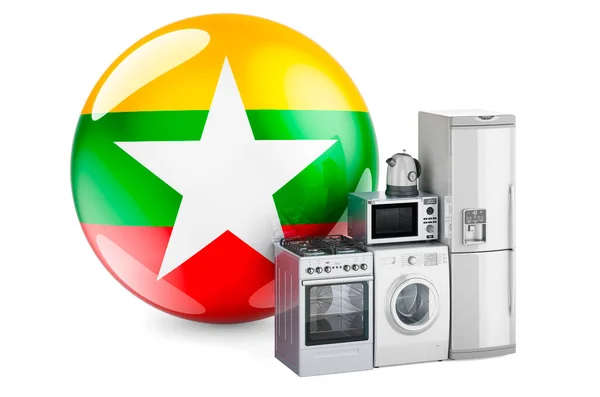 ミャンマーの旗とキッチンや家電製品 ミャンマーのコンセプトで家電製品の生産 買い物や配達 白い背景に隔離された3Dレンダリング — ストック写真