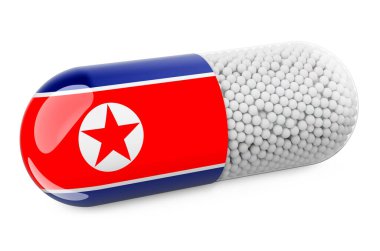 Kuzey Kore bayraklı hap kapsülü. Kuzey Kore 'de sağlık hizmeti kavramı. Beyaz arkaplanda 3B görüntüleme izole edildi