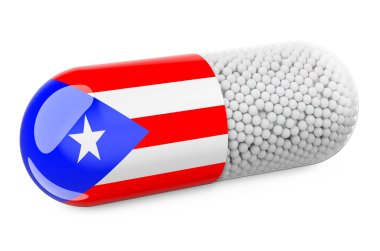 Porto Riko bayraklı hap kapsülü. Porto Riko 'da sağlık hizmeti kavramı. Beyaz arkaplanda 3B görüntüleme izole edildi