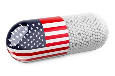 Amerikan bayrağıyla birlikte hap kapsülü. ABD konseptinde sağlık hizmeti. Beyaz arkaplanda 3B görüntüleme izole edildi