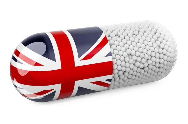 英国の旗でカプセルを引きます イギリスの概念における医療 白い背景に隔離された3Dレンダリング — ストック写真