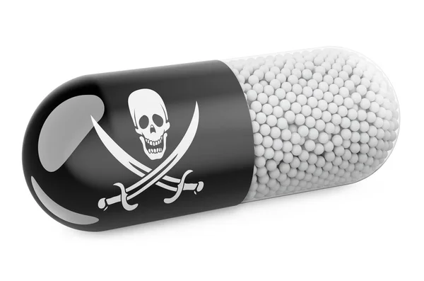 Pillola Capsula Con Bandiera Pirateria Rendering Isolato Sfondo Bianco — Foto Stock
