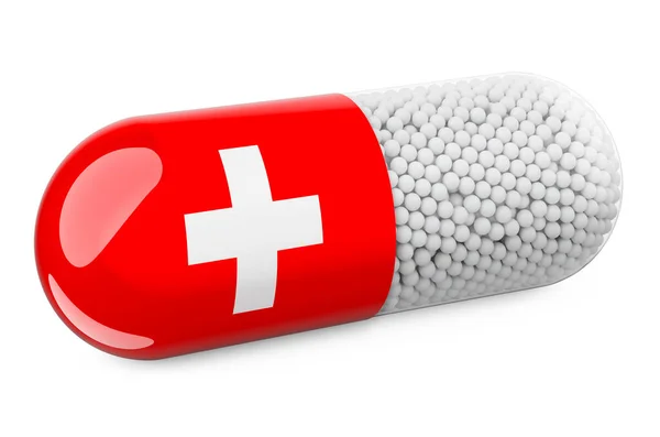 Capsula Pillola Con Bandiera Svizzera Concetto Assistenza Sanitaria Svizzera Rendering — Foto Stock