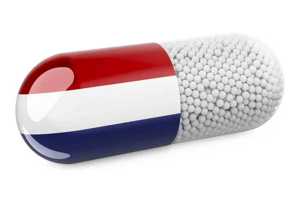 オランダの旗でカプセルを引きます オランダのコンセプトで医療 白い背景に隔離された3Dレンダリング — ストック写真