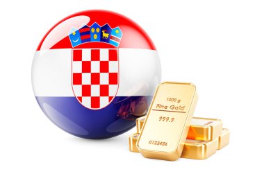 Hırvat bayrağıyla altın külçeler. Hırvatistan konseptinin döviz rezervleri. Beyaz arkaplanda 3B görüntüleme izole edildi