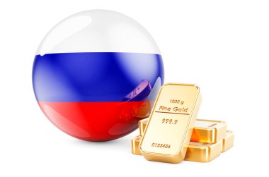 Rus bayrağıyla altın külçeler. Rusya konseptinin döviz rezervleri. Beyaz arkaplanda 3B görüntüleme izole edildi