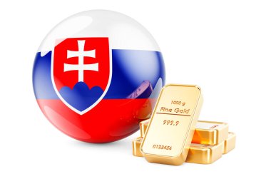 Slovak bayrağıyla altın külçeler. Slovakya konseptinin döviz rezervleri. Beyaz arkaplanda 3B görüntüleme izole edildi