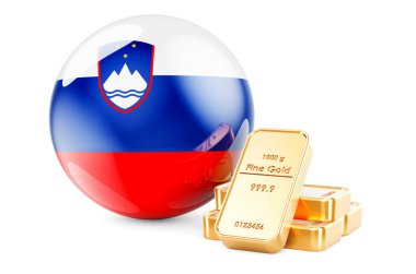 Sloven bayrağıyla altın külçeler. Slovenya konseptinin döviz rezervleri. Beyaz arkaplanda 3B görüntüleme izole edildi