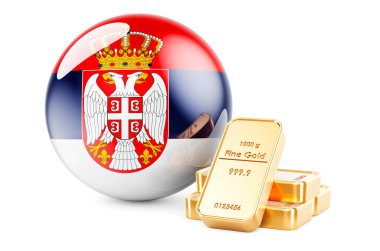 Sırp bayrağıyla altın külçeler. Sırbistan konseptinin döviz rezervleri. Beyaz arkaplanda 3B görüntüleme izole edildi