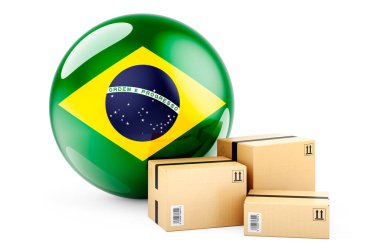 Brezilya bayraklı paketler. Brezilya 'da nakliye ve teslimat, konsept. Beyaz arkaplanda 3B görüntüleme izole edildi