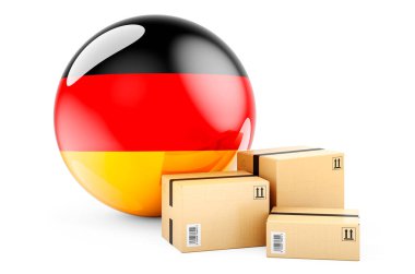 Alman bayrağıyla paketler. Almanya 'da sevkiyat ve teslimat, konsept. Beyaz arkaplanda 3B görüntüleme izole edildi