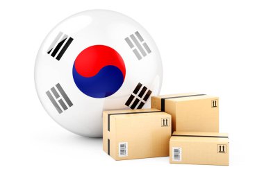Güney Kore bayrağı taşıyan paketler. Nakliye ve teslimat Güney Kore 'de, konsept. Beyaz arkaplanda 3B görüntüleme izole edildi