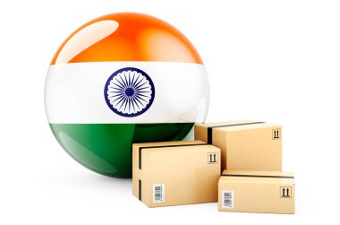 Kızılderili bayraklı paketler. Hindistan 'da sevkiyat ve teslimat, konsept. Beyaz arkaplanda 3B görüntüleme izole edildi