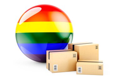 LGBT bayraklı paketler. Beyaz arkaplanda 3B görüntüleme izole edildi