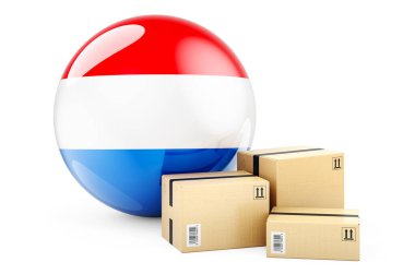 Lüksemburg bayraklı paketler. Lüksemburg 'da nakliye ve teslimat, konsept. Beyaz arkaplanda 3B görüntüleme izole edildi