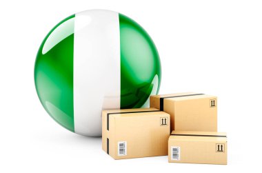 Nijerya bayraklı paketler. Nijerya 'da nakliye ve teslimat, konsept. Beyaz arkaplanda 3B görüntüleme izole edildi