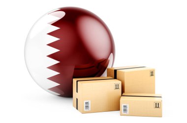 Katarlı bayraklı paketler. Katar 'da nakliye ve teslimat, konsept. Beyaz arkaplanda 3B görüntüleme izole edildi